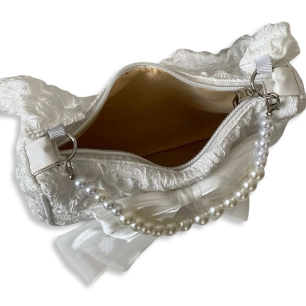 White Lace Purse with Ribbon and Pearl Strap Detail | NEW - Picture 3 of 5